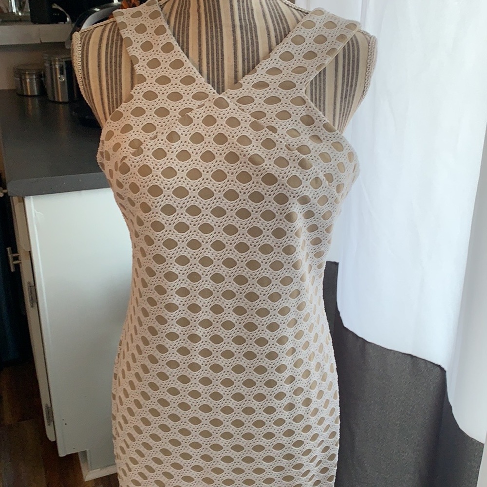 Taylor white nude crocheted style kneelength dress 8